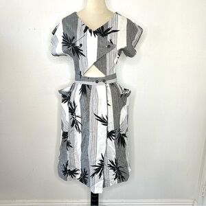 VINTAGE 1980s Tropical Black White Shift Dress Vtg 80s Midi